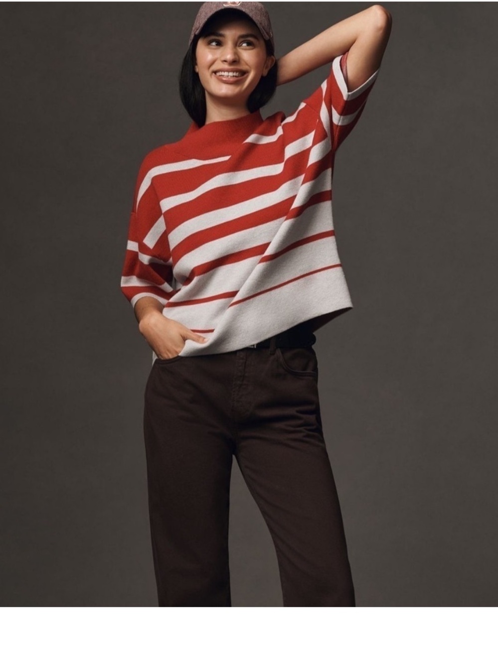 Maeve Anthropologies Red and light grey Striped Mock Neck Knit Top